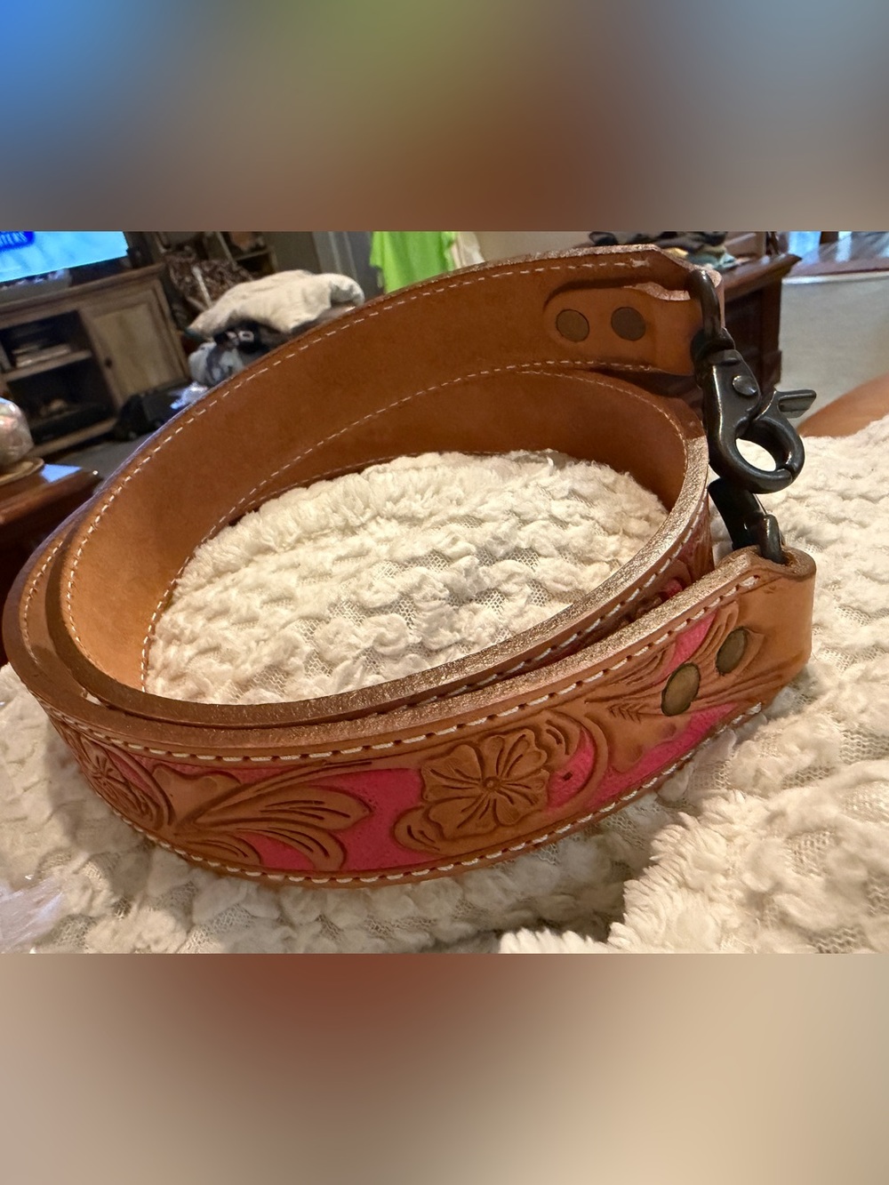 New! American Darling Hand-Tooled Leather cross body strap with Pink Inlay